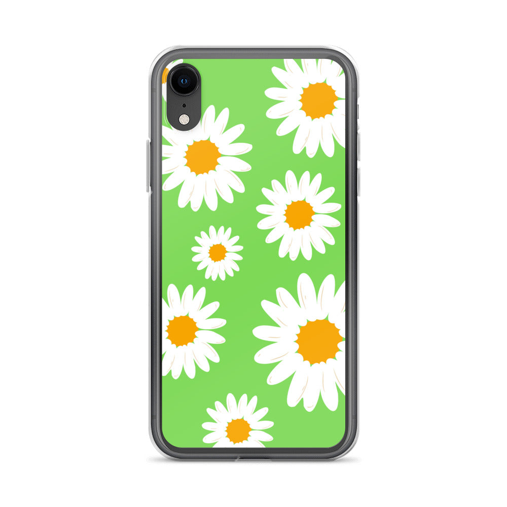 Abstract iPhone case daisies on a green BG