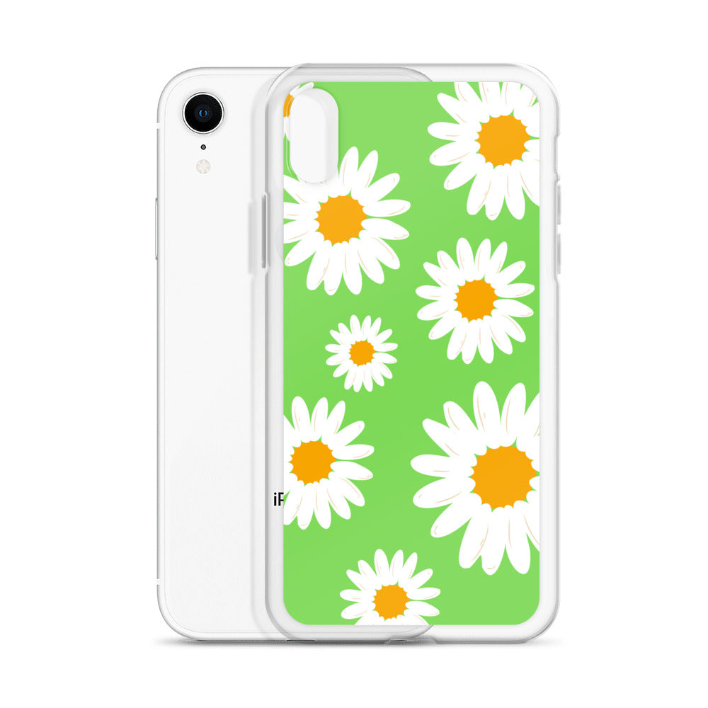 Abstract iPhone case daisies on a green BG