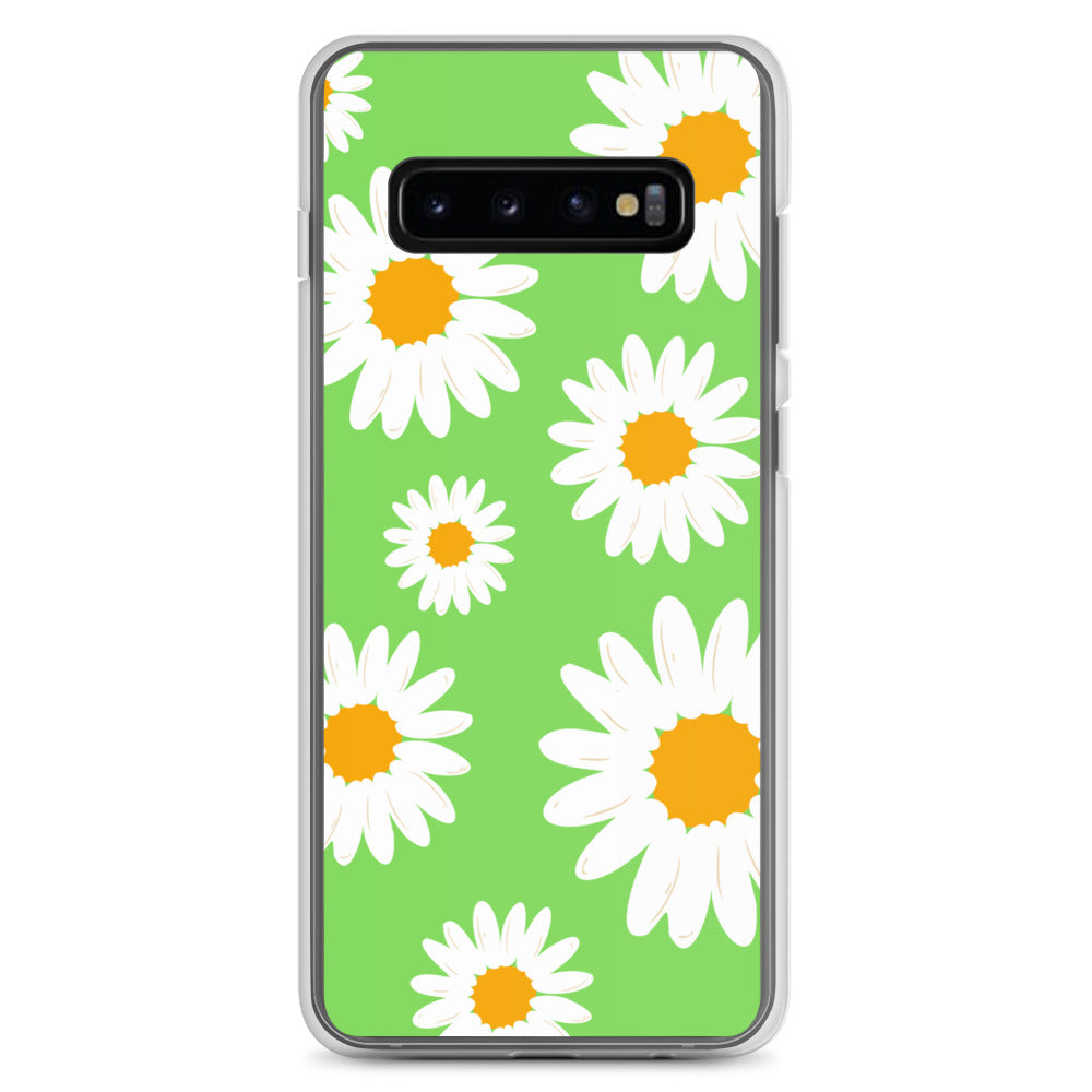 abstract Samsung phone case daisies on a green Bg