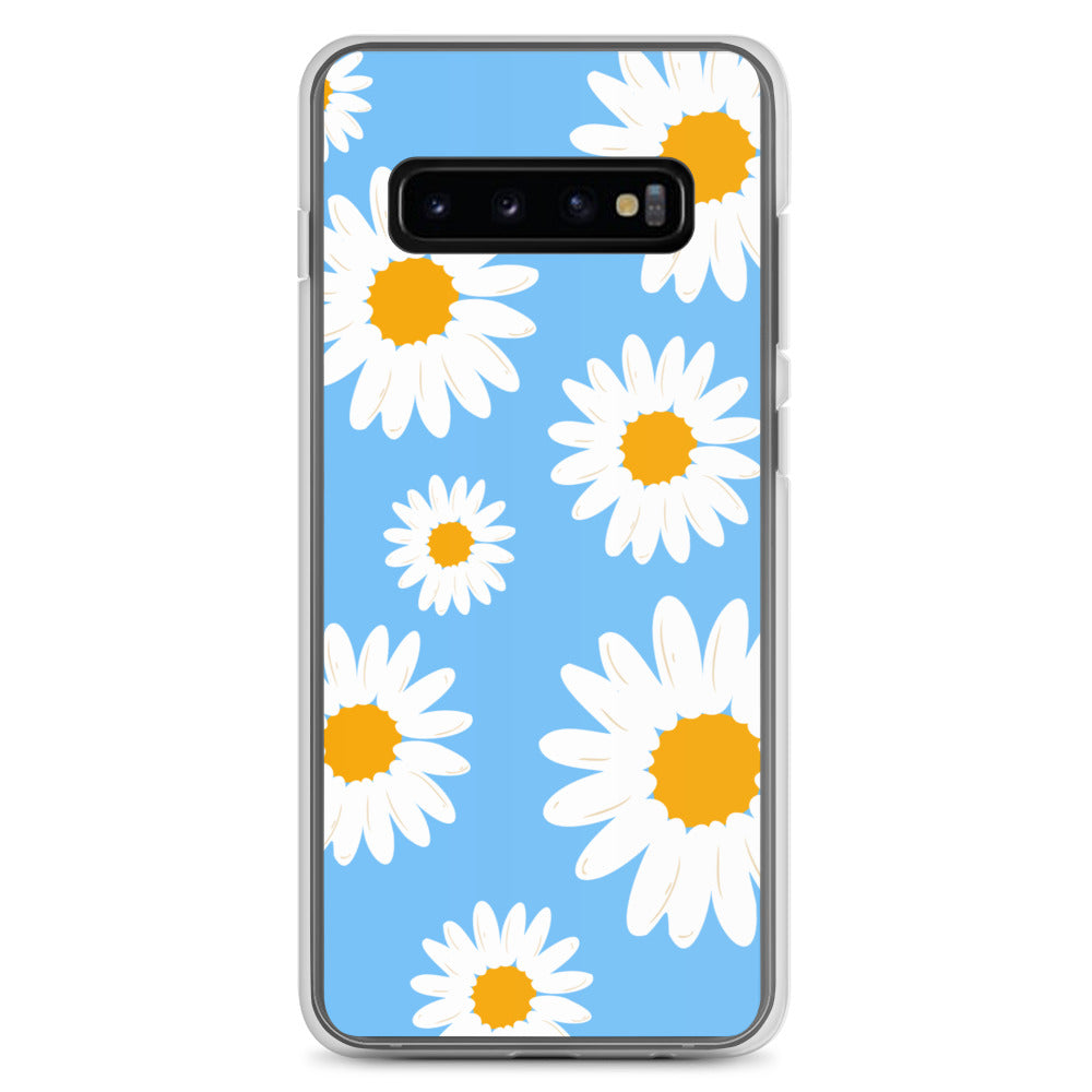 abstract Samsung phone case daisies on a blue Bg