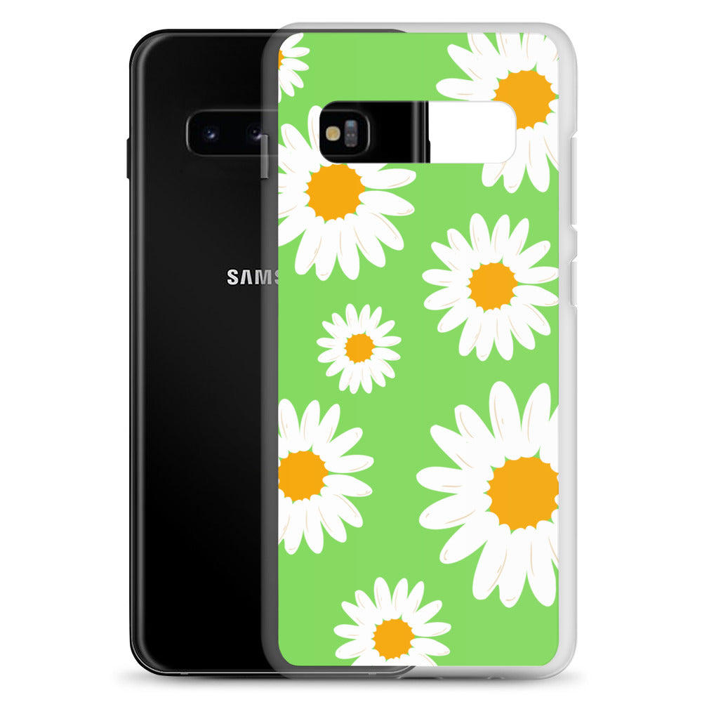 abstract Samsung phone case daisies on a green Bg