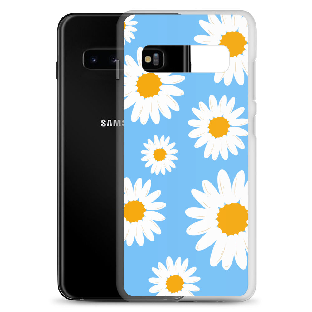 abstract Samsung phone case daisies on a blue Bg