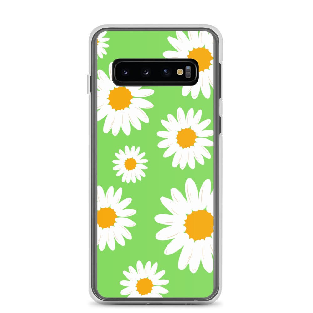 abstract Samsung phone case daisies on a green Bg