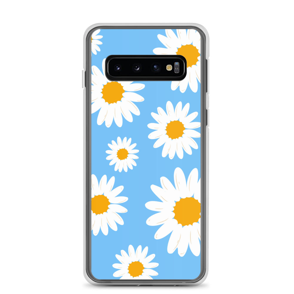 abstract Samsung phone case daisies on a blue Bg