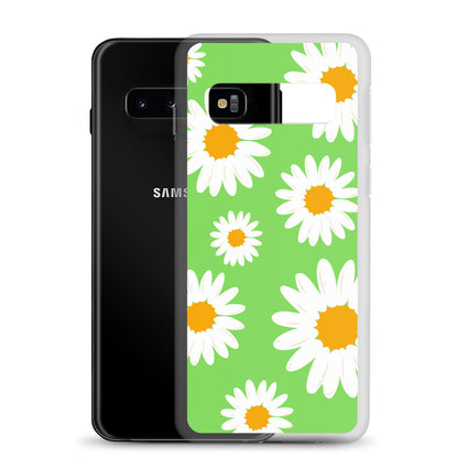 abstract Samsung phone case daisies on a green Bg