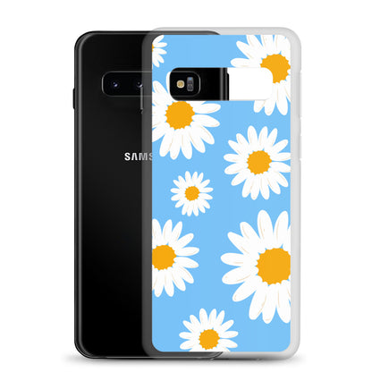 abstract Samsung phone case daisies on a blue Bg