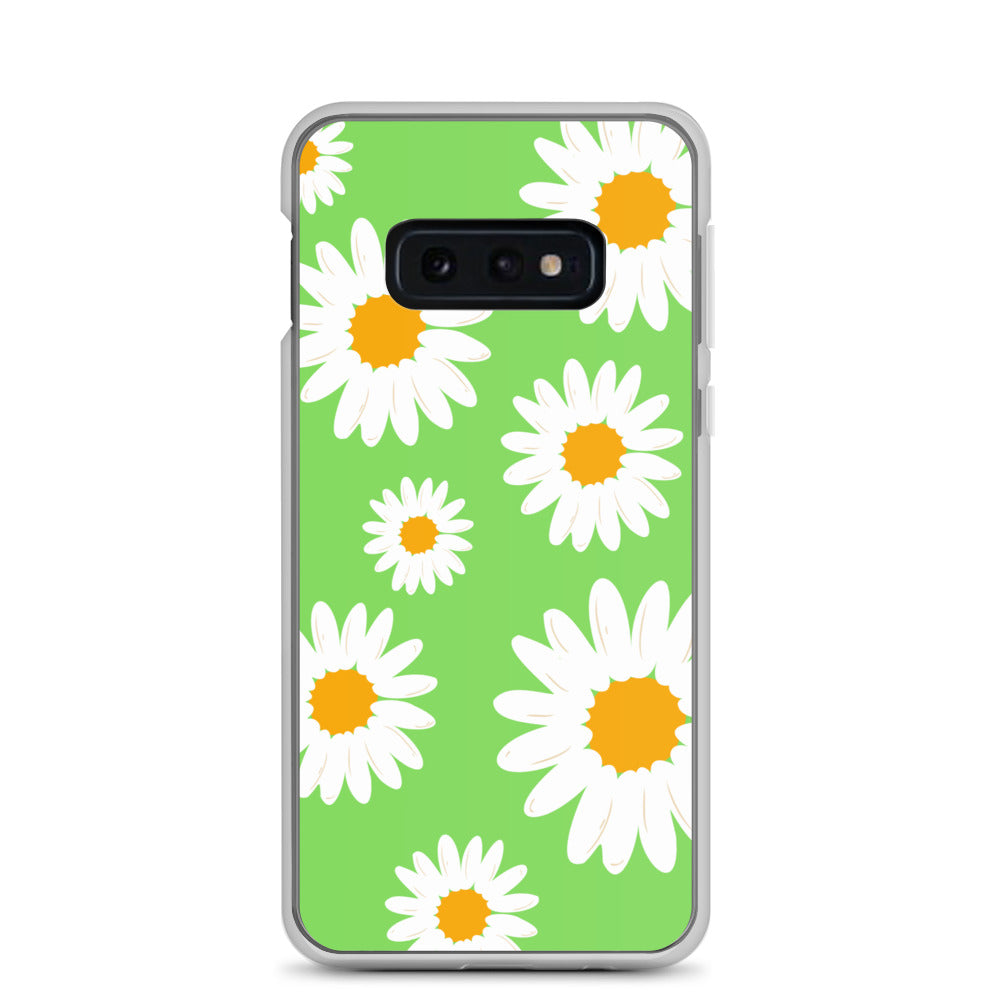 abstract Samsung phone case daisies on a green Bg