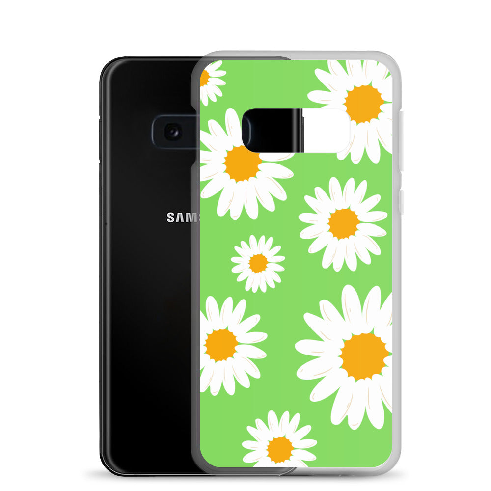 abstract Samsung phone case daisies on a green Bg