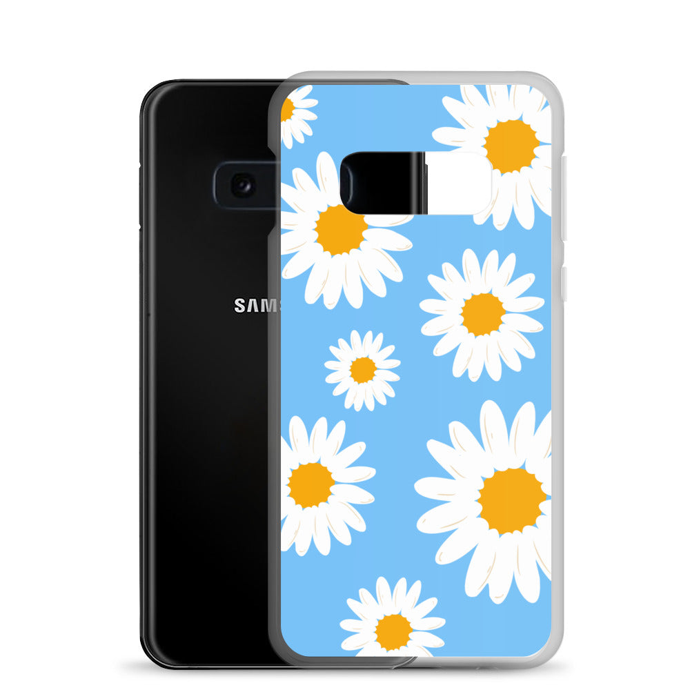 abstract Samsung phone case daisies on a blue Bg