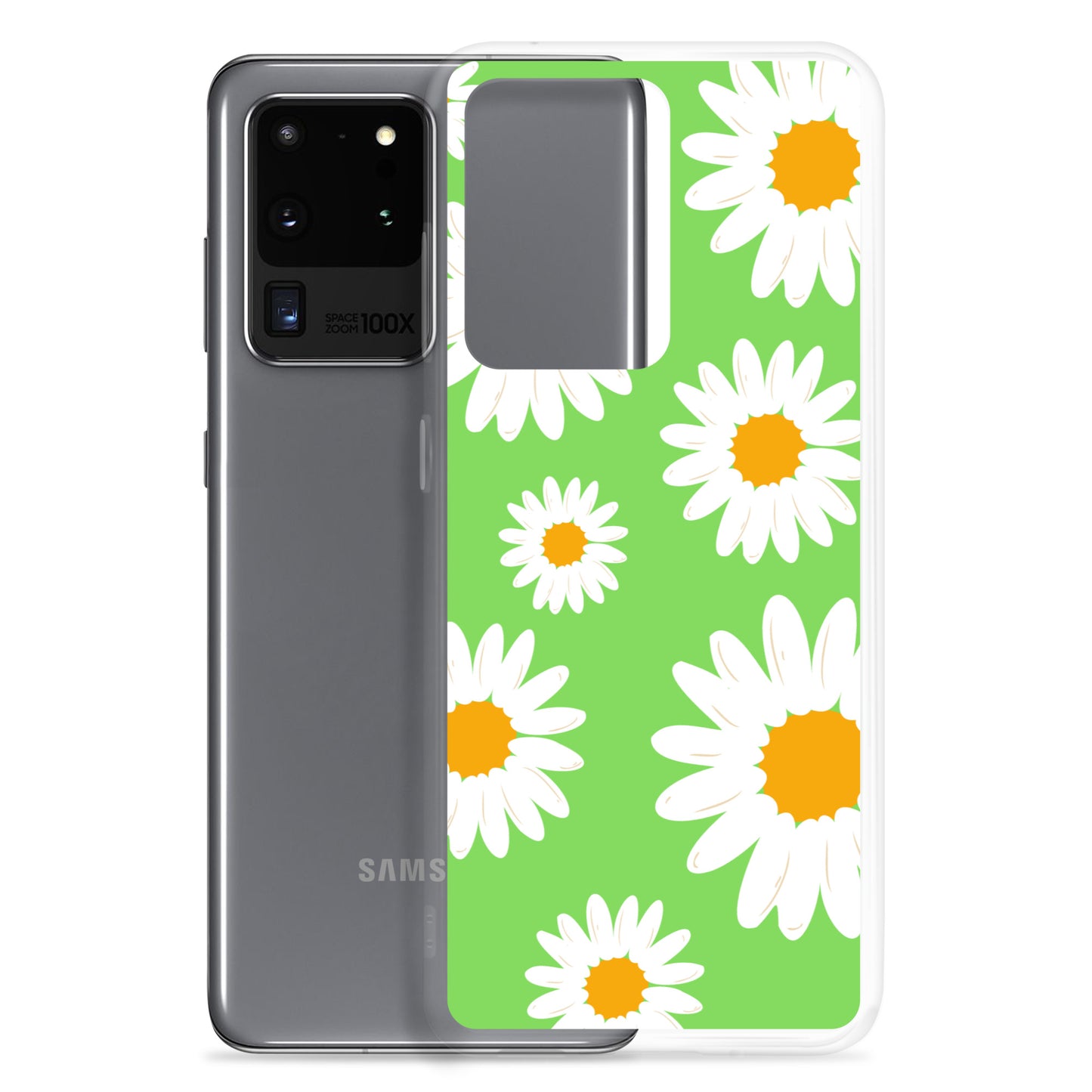 abstract Samsung phone case daisies on a green Bg