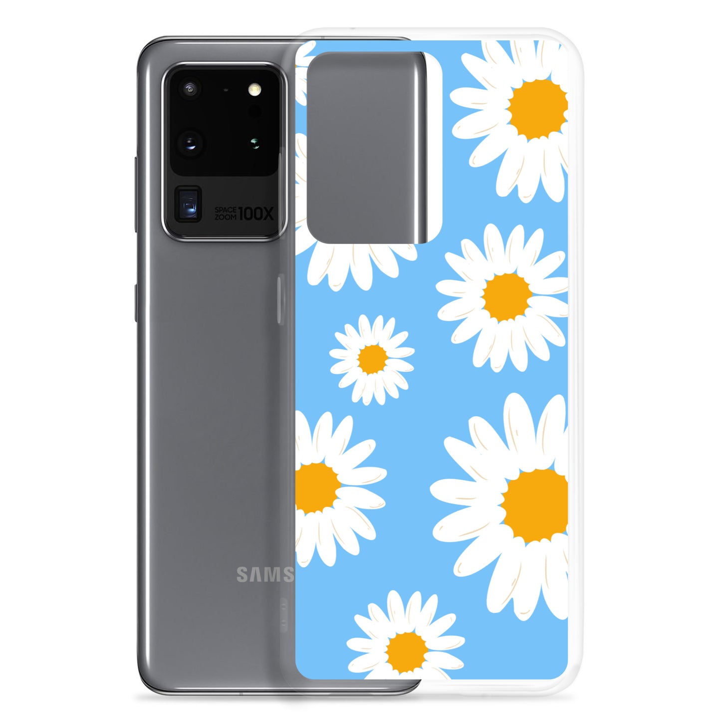 abstract Samsung phone case daisies on a blue Bg