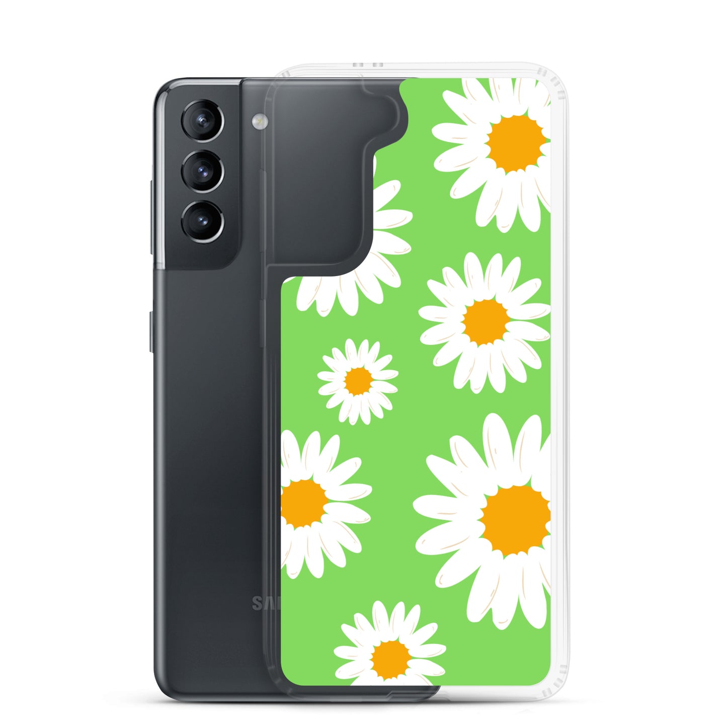 abstract Samsung phone case daisies on a green Bg