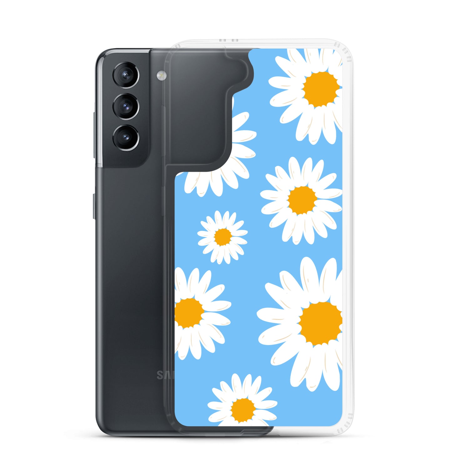 abstract Samsung phone case daisies on a blue Bg