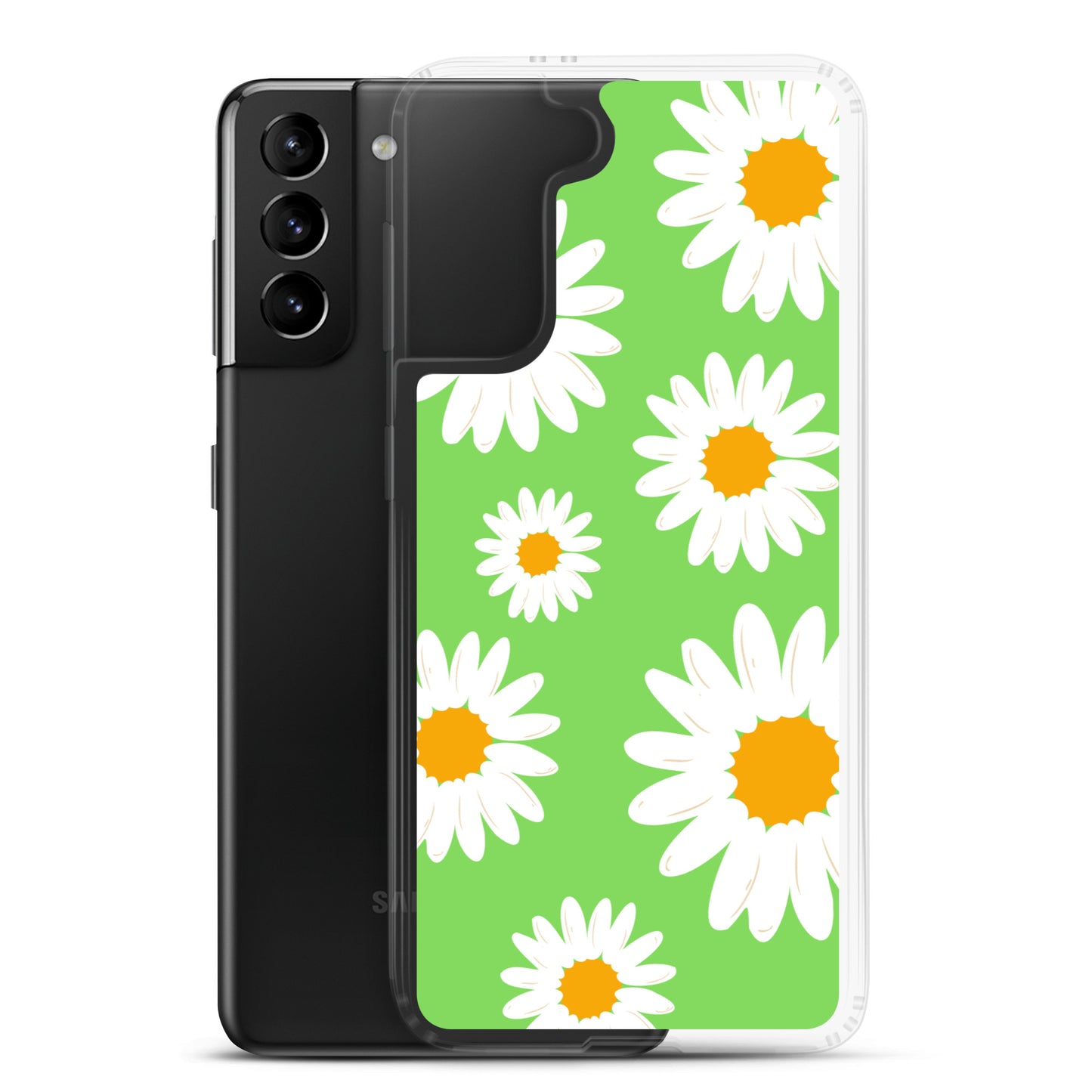 abstract Samsung phone case daisies on a green Bg