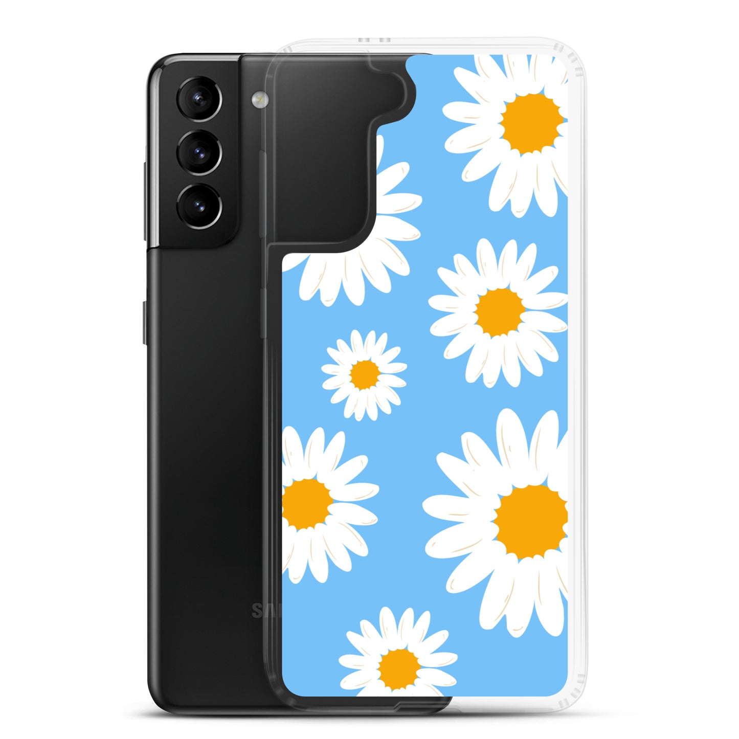 abstract Samsung phone case daisies on a blue Bg