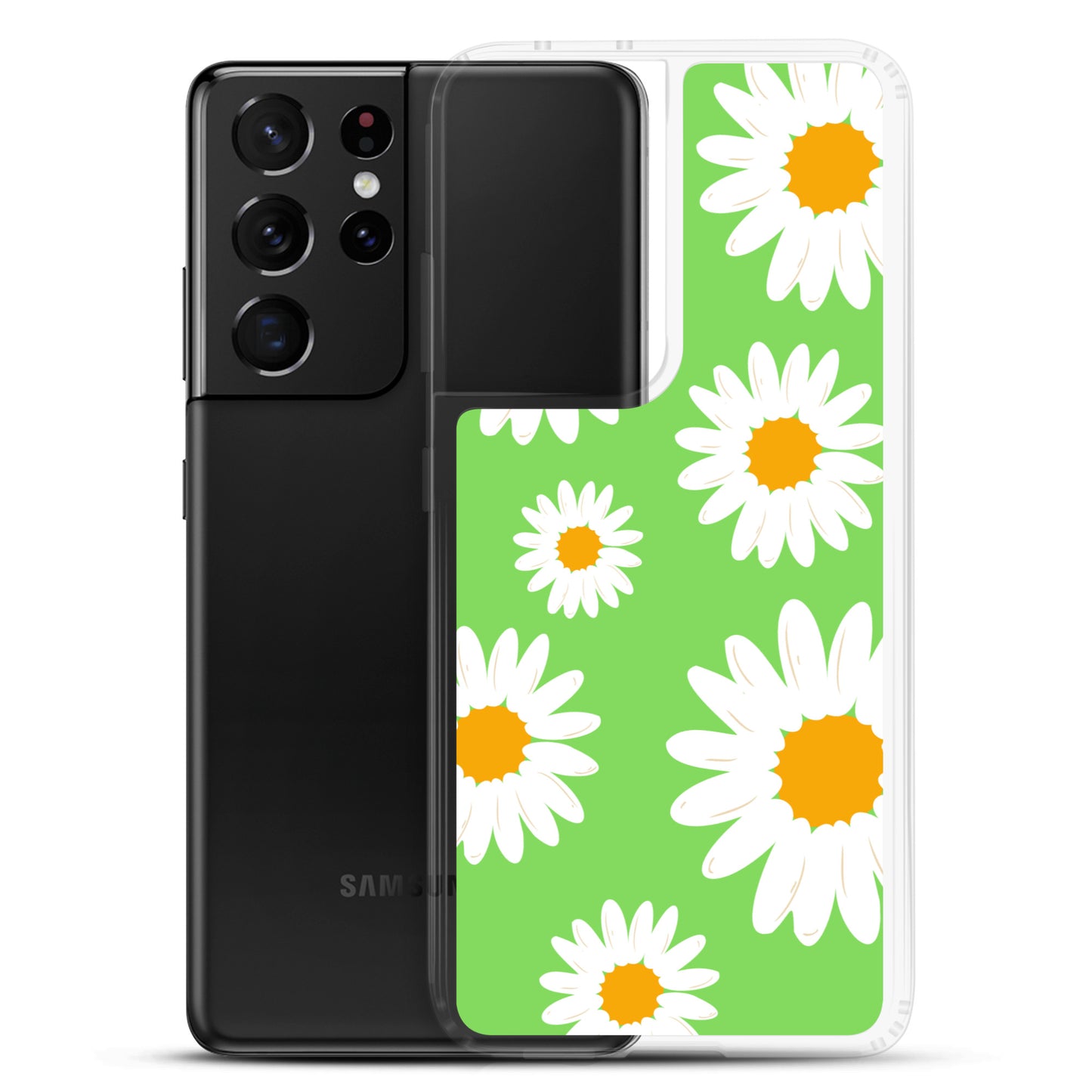 abstract Samsung phone case daisies on a green Bg