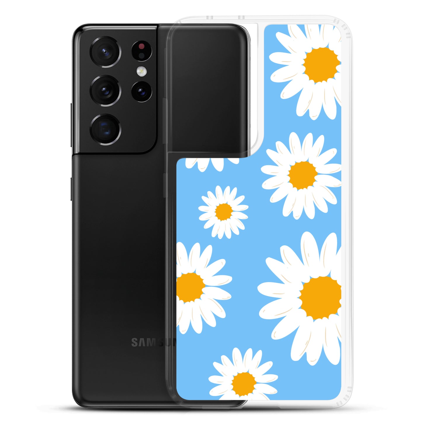 abstract Samsung phone case daisies on a blue Bg