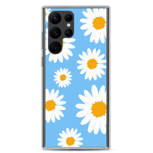 abstract Samsung phone case daisies on a blue Bg